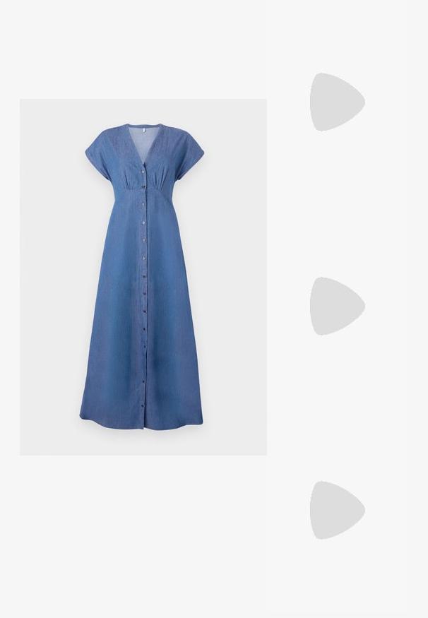 Sinine denim kleit lühikeste varrukatega, V-kaelusega ja nööpidega esiääres. Omab kogutud detaile rinna all ja sirget, pikka siluetti.; Valge puuvillane T-särk, mille ees on suur erkpunane homaarigraafika. Lühikesed varrukad ja tavaline ümar kaelus.; Valge kõrgem kangast tenniseking, millel on must kummist tald, ees kummist varvasetugi ja kuus aukku paelte jaoks, pakkudes puhta ja minimalistliku disaini.; Punane nahast käekott, millel on nurkadega geomeetriline disain. Omab ühte reguleeritavat rihma ja klappidega sulgemist, millel on õmblustega kaunistused.
