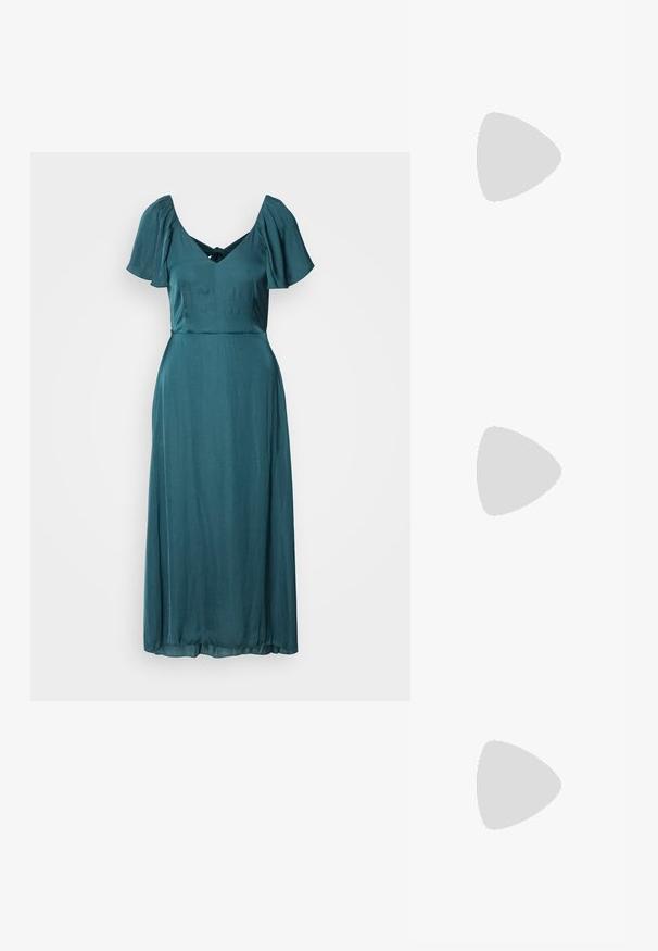 Anna Field Dnevna obleka - dark green; Črne lakirane slingback čevlje s zasukanim nosom, srebrnim okrasjem in nizkim blok peto. Gladka, sijoča tekstura po celotni površini.; Črna usnjena torba čez ramo z gladko teksturo, pravokotno obliko in kovinskim verižnim detajlom spredaj. Vključena je nastavljiva naramnica.; Srebrni uhani z kvadratnim studom, ki imajo gladko, polirano površino in obliko kapljice, ki odbija svetlobo z sijočo površino.