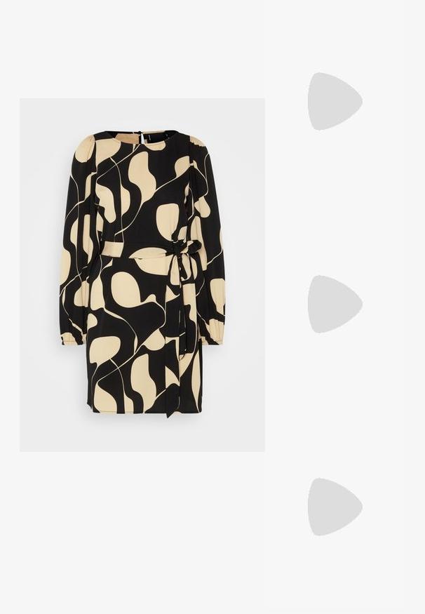 Black and beige patterned dress with long sleeves, round neckline, tied waist, and loose fit. Smooth fabric with abstract shapes and a zip closure.; Golden strappy high-heeled sandal with a pointed toe, metallic finish, slender ankle strap, and textured heel. Elegant design with minimal accents.; Brown leather tote bag with two long handles, structured shape, smooth texture, and minimalistic design. No visible hardware or accents.; Gold-tone hoop earrings with a smooth, polished finish. Features a half-circle shape and a secure post closure.