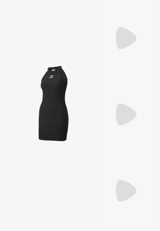 Abito nero a costine con un design aderente e senza maniche. Presenta un collo rotondo e un piccolo logo bianco sul petto.; Sneaker alte nere con lacci bianchi e puntale in gomma. Suola bianca spessa con suola esterna marrone strutturata, indossate con calze a righe blu navy.; Orecchini a cerchio in oro con finitura lucida, caratterizzati da un design arrotondato e chiusura a gancio. Texture elegante e liscia con un aspetto lucido.; Portafoglio in pelle nera con pattina a pieghe, accessori dorati, con un logo decorativo. Include una tracolla staccabile per il trasporto.