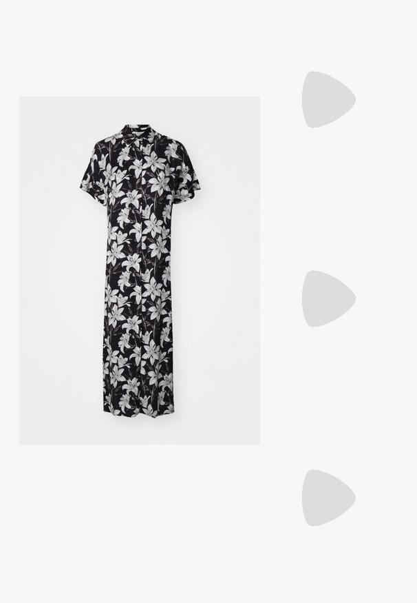Musthave mustriga kleit lühikeste varrukatega, millel on valgete liiliate lillemuster. Kerge kangas, nööbid ees ja põlvekõrgune disain.; Valgete nahast kõrge kontsaga kingad, terava varbaga, ankle strapiga ja kitsaste stiletto kontsadega. Sile tekstuur koos peene läikega.; Beež satiinikott sõlmitud ülaosaga, millel on pehme, sile tekstuur ja ümar kuju, loodud olema lihtne ja elegantne.; Hõbedased südamekujulised lukuvidinad, millel on kohandatud "JAA" ja "EI" tekst, poleeritud viimistlus, sümmeetriline disain ja tugev metallist klamber.