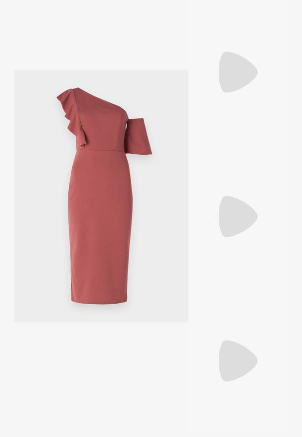 Rochie ajustată, cu un umăr descoperit, în nuanță de trandafiriu prăfuit, cu accente volănașe pe umăr și un croi elegant, până la jumătatea gambei.; ALDO CRERIDE PILLOW WALK - Sandale - beige; Geantă mică de crem cu un finisaj texturat, curea lungă și ajustabilă, accent cu lanț și închidere cu clapetă. Detalii din hardware aurie.; Cercei cercuri din aur cu un finisaj neted și strălucitor. Design circular cu un mic suport și un spate transparent pentru o purtare sigură.