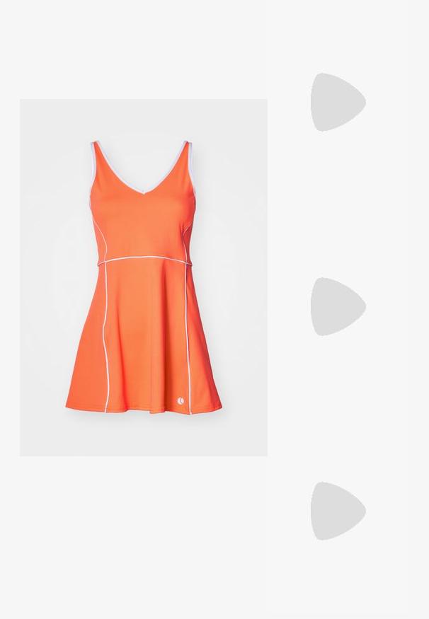 Πορτοκαλί φόρεμα με V λαιμόκοψη, λευκές αντίθετες ραφές, φουσκωτή φούστα και λογότυπο στο τελείωμα. Κατασκευασμένο από ελαφρύ, λείο ύ�φασμα.; Λευκό βαμβακερό μπλουζάκι με γκρι λογότυπο "NB" και κείμενο "new balance", κοντά μανίκια, κλασικός σχεδιασμός με στρογγυλή λαιμόκοψη, ομαλή υφή.; Αθλητικά παπούτσια για τρέξιμο με αναπνεύσιμο πλέγμα στο πάνω μέρος σε κοραλλί και αχάτη, διαθέτοντας τρεις ρίγες, μαξιλαρωμένη σόλα και κομψό σχέδιο.; Μαύρο αθλητικό κεφαλοτύλιγμα με λεία υφή, καμπυλωτό σχήμα και ελαστική κορυφή. Διαθέτει μικρό λευκό λογότυπο της Adidas στο πλάι.