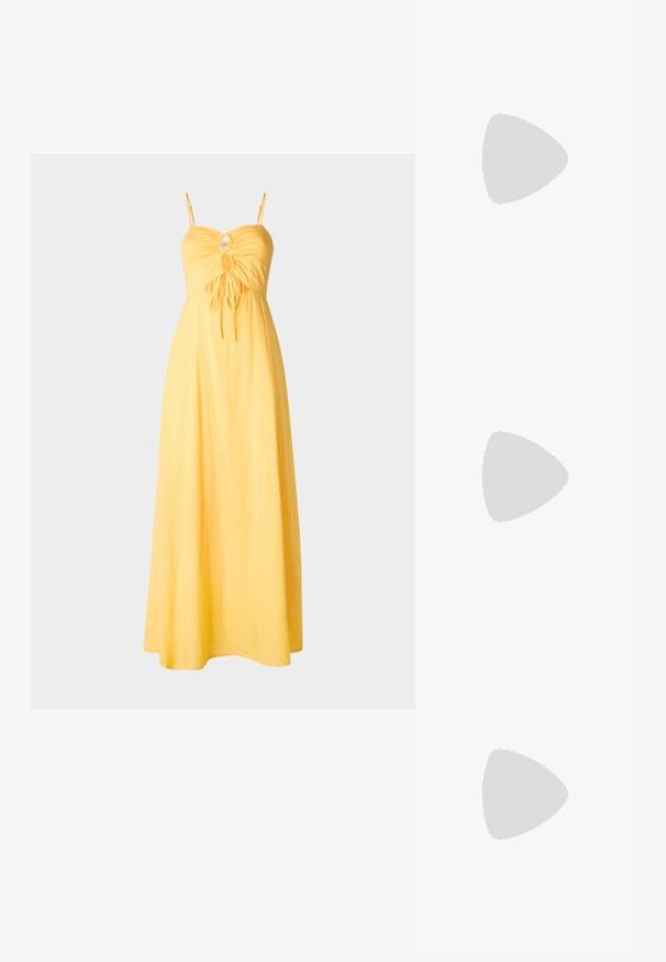 Maxi kleit erksas kollases kangas, millel on nahkadega istuv torso ja võtmeaugu detail. Spagetitripid viivad voogava seeliku juurde.; Mustad platvormi sandaalid õhukeste risti ristuvate rihmade ja ruudukujulise kinnitusega. Sile tekstuur ja lai, jäme konts stabiilsuse tagamiseks.; Kolm paari ristkülikukujulisi prille: üks roosa, üks valge, üks must. Kõigil on tumedad läätsed ja läikiv plastist raam.; Kuldne rõngassõrmused sileda ja läikiva viimistlusega. Ringikujuline disain, millel on väike post ja selge tagumine külg, et tagada kindel kandmine.