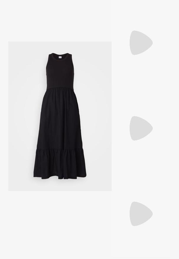 GAP MIDI DRESS - Kasdienė suknelė - black; Baltos ir smėlio spalvos sportbačiai su lygaus odos viršumi, zomšos akcentais, apvaliu nosimi ir tekstūruotu guminio pado dugnu. Prekės ženklas spausdintas šone.; Juoda audinio petinė tašė su auksinės spalvos detalėmis, turinti pagrindinį užtrauktuką ir du mažesnius užtrauktukus šonuose.; Sidabrinės auskarai žiedai su lygiu, blizgiu paviršiumi. Suapvalinta forma, lengvas dizainas, su uždarymu ant smeigtuko.
