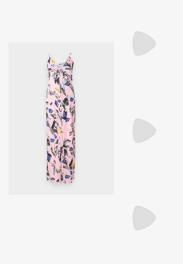 Ružové maxi šaty s tenkými ramienkami, ktoré sú zdobené kolážou čiernych a modrých vzorov, kvetinovými potlačami a výraznými textovými akcentmi.; Čierne patentové slingback topánky na ihlovom podpätku s špicatou špičkou, s textúrovaným hadím vzorom, nastaviteľným popruhom a krátkym, textúrovaným blokovým podpätkom.; Čierna kožená crossbody taška s dvoma prednými vreckami, zlatými sponami, zipsovým uzatváraním a úzkym popruhom. Štruktúrovaný povrch a kompaktný obdĺžnikový tvar.; Lauren Ralph Lauren BASIC SMALL HOOP - Náušnice - gold-coloured