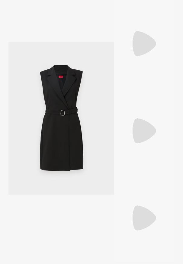 Black sleeveless blazer dress with a tailored design, featuring a belted waist, sharp lapels, and a structured silhouette.; Black high-heeled sandals feature thin straps with a knotted design, a smooth square toe, and a sleek stiletto heel.; Light gray metallic handbag featuring a chain strap, embellished with small circular metallic studs and a triangular brand logo.; Silver hoop earrings with a smooth, shiny finish. Rounded shape, lightweight design, featuring a post-back closure.