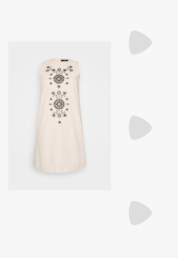 Robe sans manches crème avec une broderie noire complexe présentant des motifs floraux et géométriques au centre et un décolleté rond.; Sandale en cuir noir avec un bout carré, des fines lanières, une bride de cheville ajustable et un petit talon. Présente un petit accent doré sur la lanière.; Sac à main en cuir noir embossé en crocodile avec un design structuré, une poignée supérieure, une bandoulière ajustable et un détail de logo en avant bien visible.; Barrette en métal de couleur dorée avec un design lisse et arrondi. La surface est réfléchissante, présentant une forme courbée jointe sans embellissements supplémentaires.