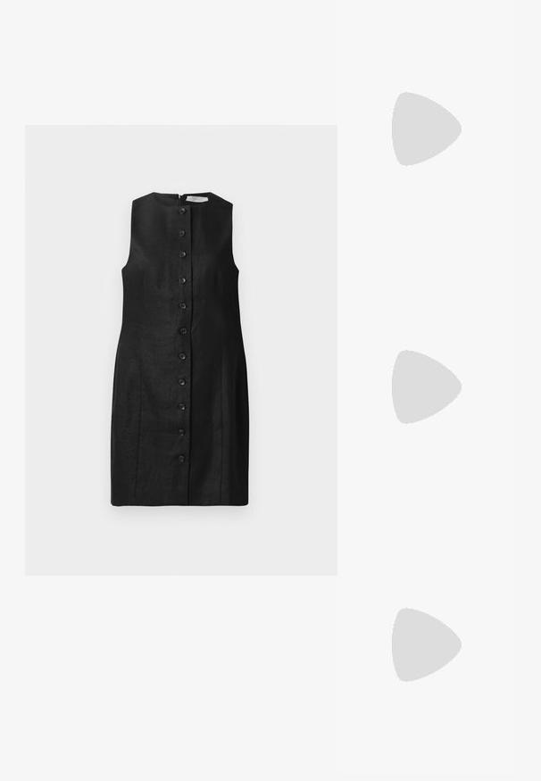 Musta ilmanhihoilla mekko, joka on valmistettu pellavasta, suoran leikkauksen ja pyöreän pääntien omaava, kuusi etupainiketta ja sileä pinta.; Musta nahkainen ballerina, jossa on pyöristetty kärki, sileä pinta, minimaalinen ommelkoristelu ja joustava pohjamuotoilu.; Mustan nahka-buckettikassi, jossa on teksturoitu pinta, kultaiset metalliosat ja avoin yläosa. Ominaisuuksiin kuuluu lyhyt kahva ja säädettävä olkahihna.; Kultaketjut korvakorut, joissa on kierretystä muotoilusta valmistettu solmu. Jokaisessa korvassa on pyöreä, kirkas tausta varman käyttömukavuuden takaamiseksi.