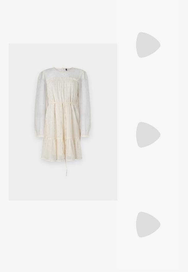 Cream dress with long, sheer puff sleeves, a gathered bodice, and a tiered skirt. Features subtle silver accents and a drawstring waist.; Brown leather cowboy boots with pointed toe and block heel, featuring detailed stitching and raised accents on the shaft.; Black leather clutch bag with a flap and a gold metal buckle detail. Includes a black strap and a sleek, minimalist design.; Gold hoop earrings with a smooth, shiny finish. Circular design featuring a small post and clear backing for secure wear.