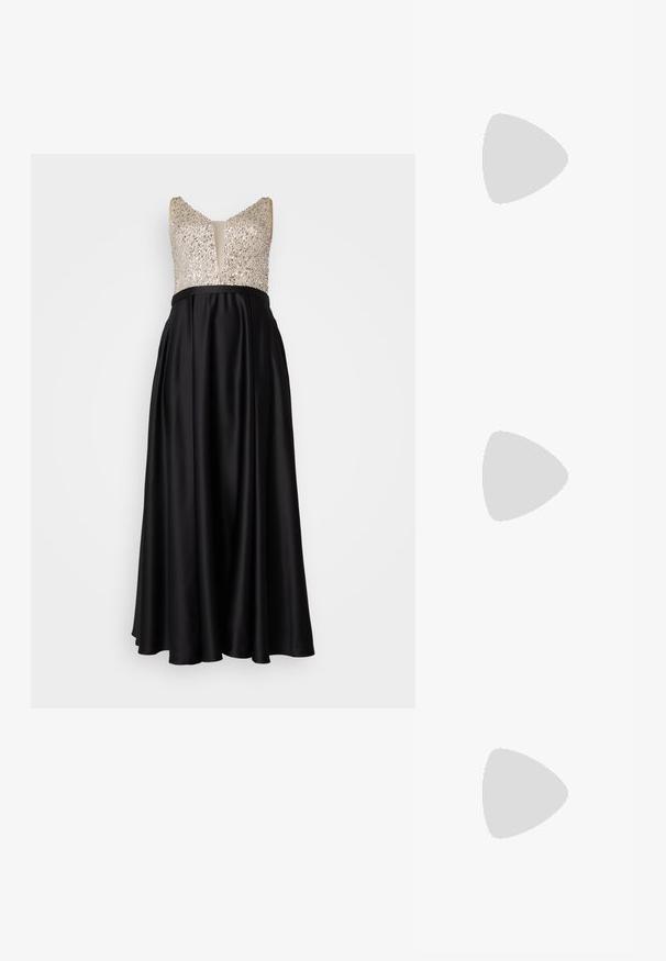 My Mascara Curves - Suknia balowa; Czarne lakierowane buty na wysokim obcasie typu slingback z wysmuklonym noskiem, regulowanym paskiem na kostce i otwartymi bokami. Gładka faktura.; Czarna torebka o usztywnionym kształcie, gładkiej fakturze i metalowym zapięciem. Połączona z szerokimi czarnymi spodniami i sandałami na otwartym palcu na drewnianej podłodze.; Trzy pary kolczyków: duże białe perły wkrętki, złote kolczyki w kształcie kół z przezroczystymi kamieniami, oraz dwa długie, proste złote kolczyki akcentujące z błyszczącymi detalami.