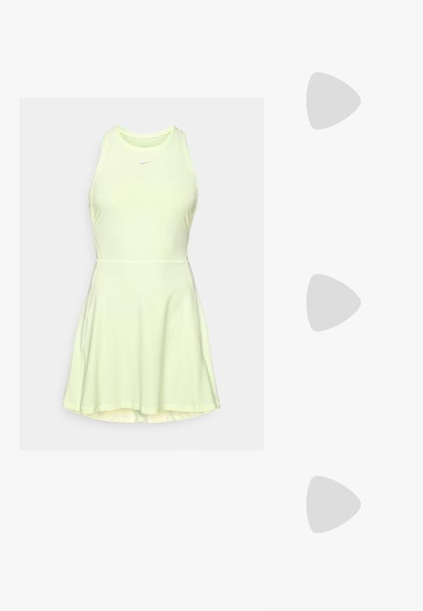 Αθλητικό φόρεμα σε ανοιχτό πράσινο χρώμα με αμάνικο σχέδιο, στρογγυλή λαιμόκοψη και στενότητα στο σώμα. Διαθέτει φουσκωτό κάτω μέρος και διακριτικό λογότυπο της μάρκας.; Nike Air Max παπούτσι με λευκή επάνω επιφάνεια από δίχτυ, μαύρες λεπτομέρειες, μοβ λογότυπο, καμπυλωτό σχέδιο και ορατή αερόσφαιρα στη σόλα.; Μαύρα ορθογώνια γυαλιά ηλίου με γκρι φακούς, κατασκευασμένα από λείο πλαστικό. Διαθέτουν μινιμαλιστικό σχέδιο με ευθείες βραχίονες και διακριτική σήμανση.; Μαύρη νάιλον τσάντα μέσης με κλείσιμο φερμουάρ, διαθέτει μεγάλο λευκό λογότυπο Nike. Λείος υφή και εργονομικός σχεδιασμός για άνετη χρήση.