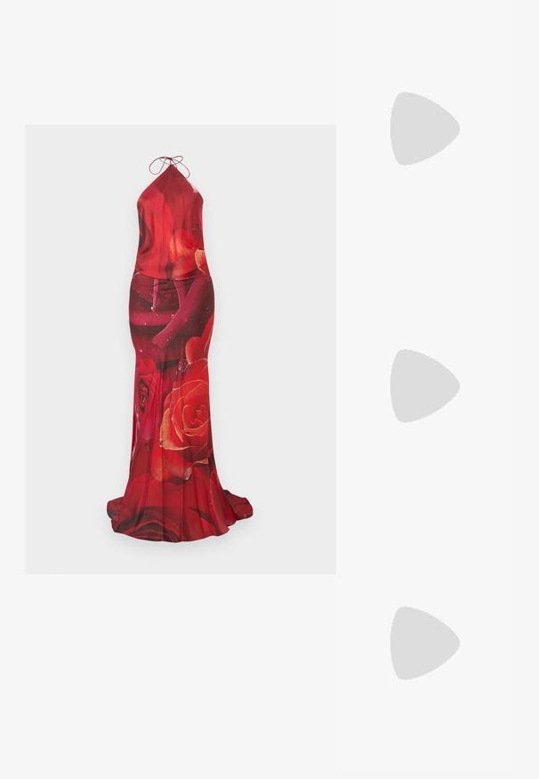 Red halter dress featuring a rose print, smooth fabric, fitted silhouette, and flowing skirt. Ties at the neck, with a glossy texture.; Black patent slingback heel with a pointed toe, featuring textured snake print, adjustable strap, and a short, textured block heel.; Black leather clutch bag with a gold chain strap, featuring a smooth texture, rectangular shape, and embossed branding on the front.; Gold-tone metal hoop earrings with a curved, elongated shape. Features a smooth, shiny surface and a rounded tip for added detail.