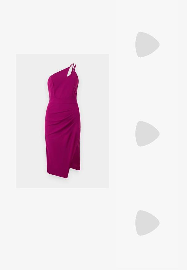 Fuchsia off-shoulder jurk met een uitsnijding, aansluitende bustier, geplooide zijkant en jurk tot de knie, gemaakt van gladde stof.; Zwarte gepatineerde leren slingback pump met een spitse neus, uitsparingen aan de zijkanten, een verstelbare enkelband en een dunne, slanke hak.; Cat-eye zonnebrillen met een matte zwart plastic frame, donkere lenzen en een gouden logo-accent op de poot. Hoekig ontwerp en een soepele textuur.; Michael Kors polsbandje in beige gecoate canvas met een herhaald MK-logo patroon, gouden hardware en een afneembare kettingriem.