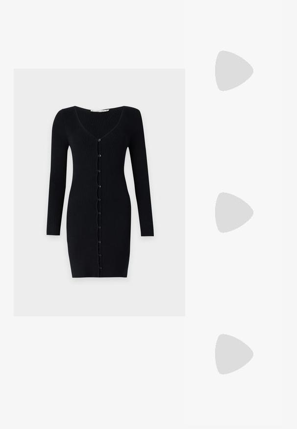 Abito cardigan nero a coste con maniche lunghe, scollatura a V e chiusura con bottoni lungo il davanti. Presenta una silhouette snella e aderente.; Stivali da cowboy in pelle marrone con punta affusolata e tacco a blocco, caratterizzati da dettagliati ricami e accenti rialzati sul gambale.; Occhiali da sole neri e angolari con lenti grigie; realizzati in plastica, con aste spesse dalla superficie liscia e senza hardware visibile.; Orecchini a cerchio in argento con un design torciglionato, caratterizzati da una finitura lucida e chiusura a perno. Misurano circa 3 cm di diametro.