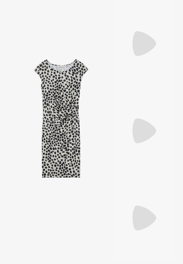 Knee-length dress in light beige with a black spotted pattern, featuring short cap sleeves and a side draping detail secured with a metallic accent.; Black patent leather slingback heels with a pointed toe, a rounded cutout design, and a block heel. Features a gold-tone buckle accent.; Black oversized sunglasses with gradient lenses, thick frames, and gold-tone chain detailing on the temple arms.; Black handbag with textured surface, dual top handles, and adjustable shoulder strap. Features gold-tone hardware and side pockets.