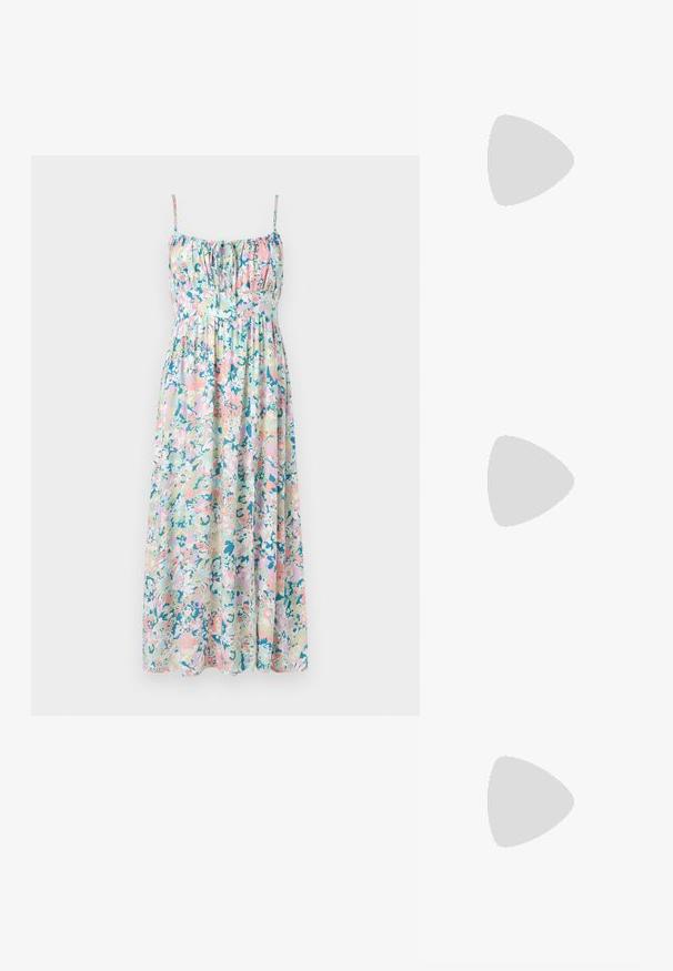 Floral maxi dress with adjustable spaghetti straps. Features pastel colors, gathers at the bust, and a flowing silhouette. Lightweight fabric.; White cotton t-shirt featuring a large, bright red lobster graphic on the front. Short sleeves and standard crew neck design.; White high-top canvas sneaker with black rubber sole, front rubber toe cap, and six eyelets for laces, featuring a clean, minimalist design.; Red leather handbag with an angular, geometric design. Features a single adjustable strap and a flap closure with stitched detailing.