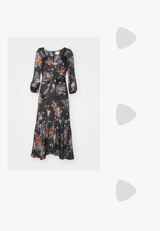 Floral midi dress in black satin with long puff sleeves, featuring red, blue, and white floral patterns, ruched front, and flared hem.; Pointed-toe silver slingback heels with a textured metallic finish, a high block heel, and a cutout side detail for an elegant design.; Silver metallic pouch bag with a soft, rounded shape and a knotted top closure. Made from smooth faux leather material.; Silver hoop earrings with a minimalist design. Circular shape, smooth texture, and thin profile. Lightweight with a polished finish.