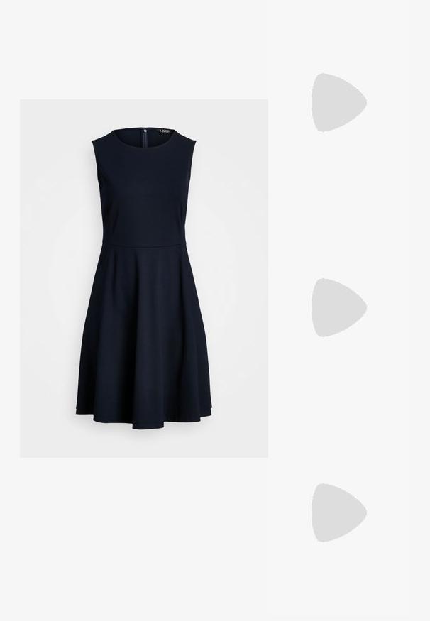 Navy blue sleeveless dress with a round neckline, fitted bodice, and flared skirt. Made from soft fabric, featuring a back zipper closure.; White leather sneakers, low-top design, featuring a smooth texture, round toe, laced front, and a small embroidered logo on the side.; Black handbag with a textured finish, triangular shape, gold logo detail, and a sleek, minimalist design. Worn with a black sleeveless dress.; Gold-tone knot stud earrings with a twisted design. Each earring features a circular clear backing for secure wear.