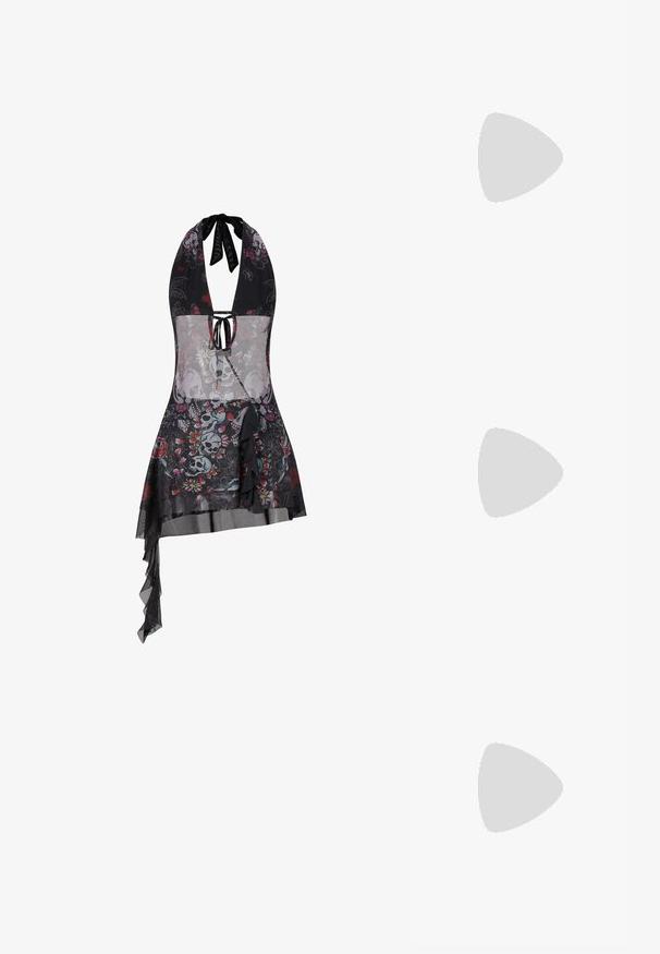 Ed Hardy WOMENS SKULL AND FLOWERS HALTER NECK MINI - Vestito casual - black; Scarpa slingback in pelle beige con punta affusolata, tacco sottile e dettagli in metallo dorato sulla cinturino. Texture liscia in tutto.; Borsa a mano metallica dorata con un design strutturato, superficie liscia e tracolla regolabile. Presenta una forma triangolare unica e cuciture minimaliste.; Orecchini in tono oro caratterizzati da forme ondulate eTexture. Comprendono chiusure clip-on scultoree e un design a cerchio aperto con finitura martellata.