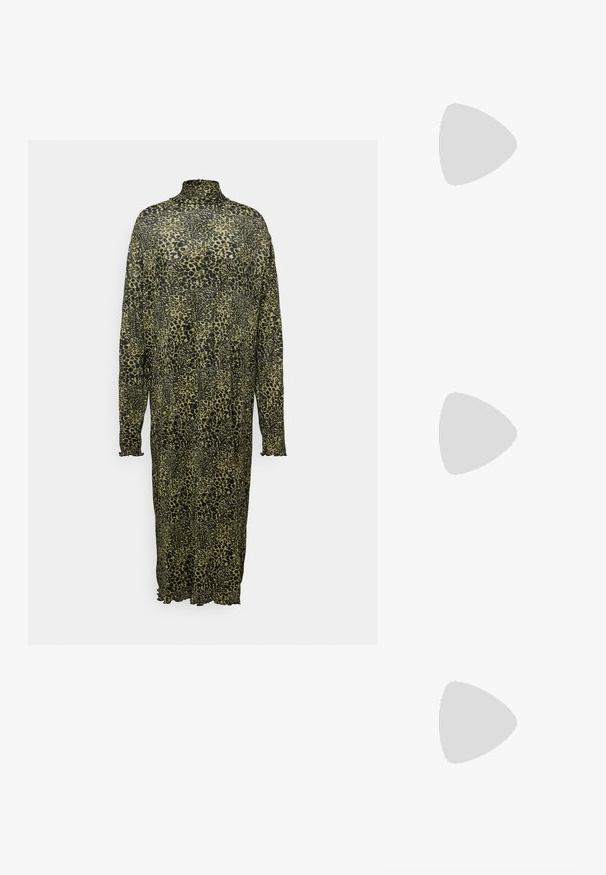 Robe longue en imprimé léopard vert, avec un col montant, des manches longues et un ourlet volé. Fabriquée en tissu léger et semi-transparent.; Chaussure slingback en cuir noir avec un bout pointu, un talon fin et un accent en métal doré sur le devant. Texture lisse et design structuré.; Sac à main en cuir noir avec une finition texturée, doté de deux poignées supérieures, d'une bandoulière amovible et d'un détail de fermoir en argent.; DKNY INLAY STUD - Boucles d'oreilles - black/gold-coloured