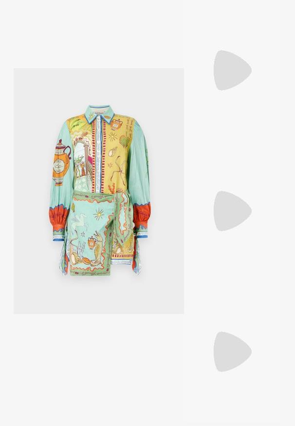 Ryškiai spalvota marškiniai su sudėtingais raštais geltonos ir žalios spalvų, su detalizuotomis iliustracijomis, ilgomis rankovėmis ir apykakle.; Balta berankovė marškinė su švelniu, raukšlėtu audiniu; turi plonas petnešas ir apvalų iškirpimą, etiketėje užrašyta „FRAME“. ; Juodai odiniai baletai su apvaliu pirštu, lygi texture, minimalus siuvimo detales ir lanksčiu padų dizainu.; Ruda odinė rankinė su uždaromu dangteliu, aukso spalvos detalėmis, petneša ir lygiu paviršiumi. Kompaktiška stačiakampio formos.