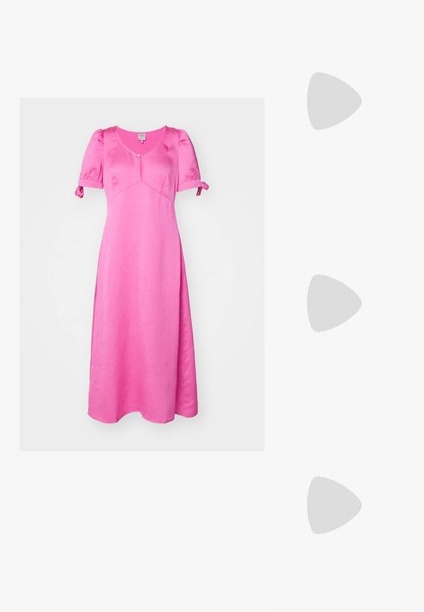 Rochie midi roz cu un finisaj texturat, mâneci scurte tip puff, decolteu rotund și închidere cu butoane pe față. Prezintă detalii cu funde pe mâneci.; Elleme ASYMMETRIC STRAP - Papuci înalți - white; Ochelari de soare cu ramă rectangulară, groasă, din material tortoiseshell. Lentile întunecate și accente aurii pe brate. Finisaj lucios și neted.; Cercei din perlă argintie cu o formă curbată, asemănătoare unei boabe. Suprafață netedă și strălucitoare, asigurată cu un sistem de fixare tip tijă și spate.