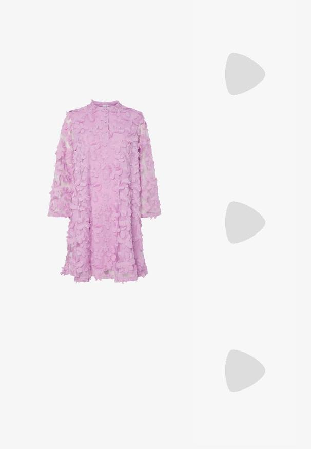 Pink sheer dress adorned with embroidered floral appliqués, featuring a high neckline, long sleeves, and button closure at the collar.; Silver high-heeled sandal with a strappy design, shimmering material, rhinestone accents, and a slender ankle strap. Square toe and polished heel.; White shoulder bag with a textured finish, a central buckle accent, and a curved shape. Zipper closures on both sides.; Silver heart-shaped earrings feature faceted clear stones, with a textured frame. The set includes stud and drop styles.