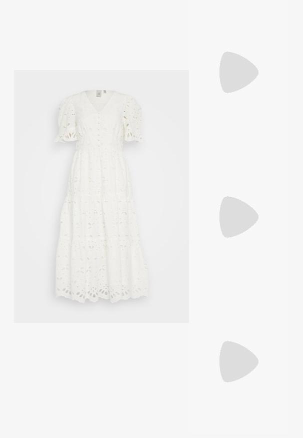 YAS YASKANIKKA MIDI DRESS - Shirt dress - star white; Black suede heeled sandals with a thin ankle strap, open toe design, and a modest block heel. Smooth texture and minimal accents.; Brown tortoiseshell glasses with oval lenses, thin arms, and transparent accents. Features a subtle logo on the temple. Sleek, lightweight design.; Black leather handbag with a curved shape, detachable strap, and gold hardware. The bag features a flap with a buckle detail.