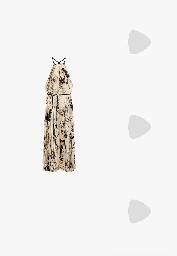 Mango Dnevna haljina - off-white; Sandale s prozirnim petama koje imaju prozirne trake, bež podstavu i debelu prozirnu blok-petu. Elegantna i glatka forma s minimalističkim estetskim izgledom.; Naočale u obliku mačjih očiju s okvirom od mat crne plastike, tamnim lećama i zlatnim logotipom na sljepočnici. Kutni dizajn i glatka tekstura.; Michael Kors novčanik na zapešću u bež premazanoj tkanini s ponavljajućim uzorkom MK loga, zlatnim hardverom i odvojivim lancem za nošenje.