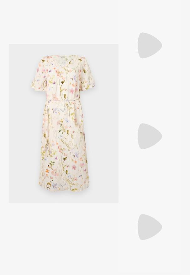 Blomsterkjole med korte ermer, lett beige stoff med flerfarget blomsterdesign, midjebånd, knelengde.; Hvit slingback-hel med spiss tå, glatt overmateriale, lav blokkhelt, og cut-out-design på siden med justerbar spenne.; Runde solbriller med mørke linser og guldrammer. Modellen har en lyseblå, ribbet cardigan med knapper og kontrast hvide ærmer på.; Michael Kors håndleddsveske i beige belagt kanvas med et gjentakende MK-logo mønster, gullfarget maskinvare og en avtakbar kjede-rem.