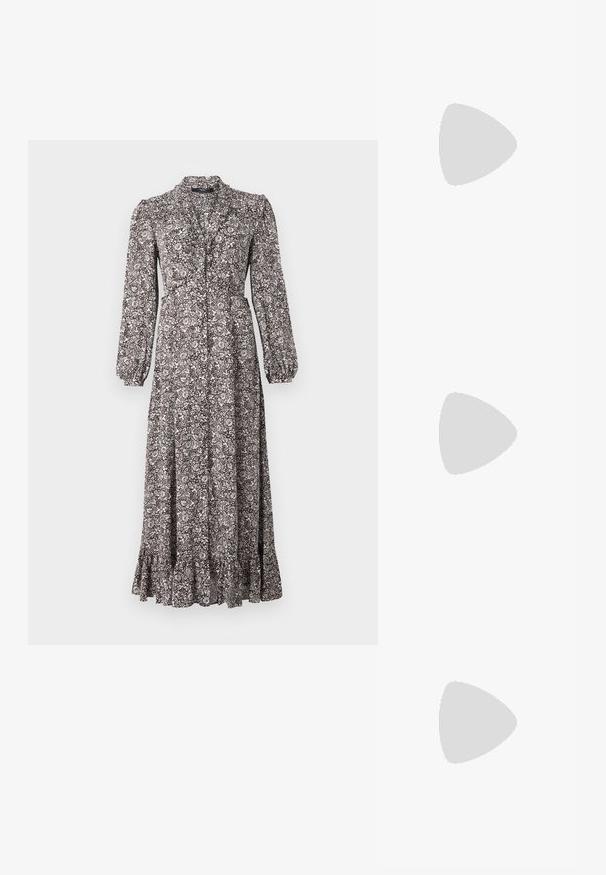 Dlhé, košeľové šaty z patterned materiálu v odtieňoch hnedej a bielej, s dlhými rukávmi a volánovým lemom.; Biela krátka tričko s krátkymi rukávmi vyrobené z rebrovanej látky. Klasický okrúhly výstrih, bežný strih a jemné švy. Bez vzorov alebo grafiky.; Čierne kožené baleríny s okrúhlou špičkou, hladkým povrchom, minimálnym prešívaním a flexibilným dizajnom podrážky.; Nanushka JEN - Kabelka - black
