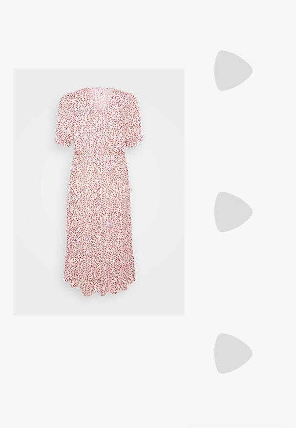 Blommig midiklänning med korta puffärmar, rynkad midja och v-ringning. Tyget har en vit bakgrund med röda spridda blommor.; Beige Nike-sneakers med bruna detaljer, överdel i mocka och textil, rund tå, platt gummisula och snörningsdesign.; Sköldpaddsmönstrade solglasögon med rektangulära bruna linser, en tjock ram och smala bågar som har ett mönster av varierande nyanser av brunt.; Silverfärgade hoopörhängen med en slät, polerad yta. Rund form och säker klickstängning. Lättviktig design som passar för vardagligt bruk.