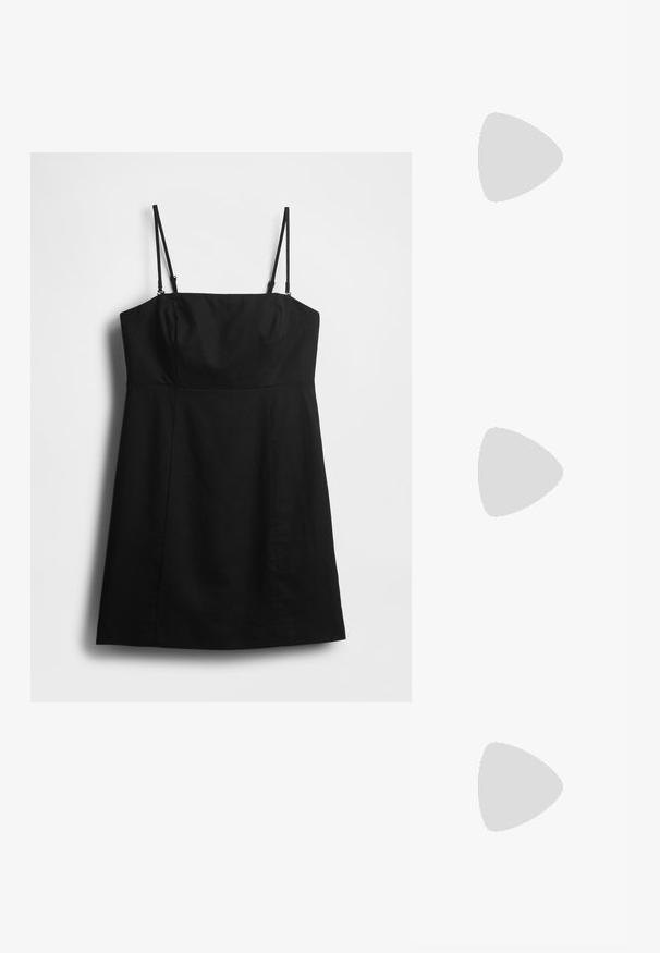 Must kleit õhukeste reguleeritavate rihmadega, liibuv korsett ja lehviv seelik. Valmistatud siledast kangast, puhta ja minimalistliku disainiga.; Must musta nahk kingad sanga ja terava ninaga, ankle strapidega, millel on hõbedased pandlad ja riistvara ning õhuke konts.; Kuldmetallist käekott, millel on struktureeritud disain, sile tekstuur ja reguleeritav rihm. Omab ainulaadset kolmnurkset kuju ja minimalistlikku õmblust.; Kuldse värvi kõrvarõngad, mis on kaunistatud tekstuursete ja laineliste kujunditega. Komplektis on skulpturaalsed klamber kõrvarõngad ja avatud rõngasdisain, millel on lõhestatud viimistlus.