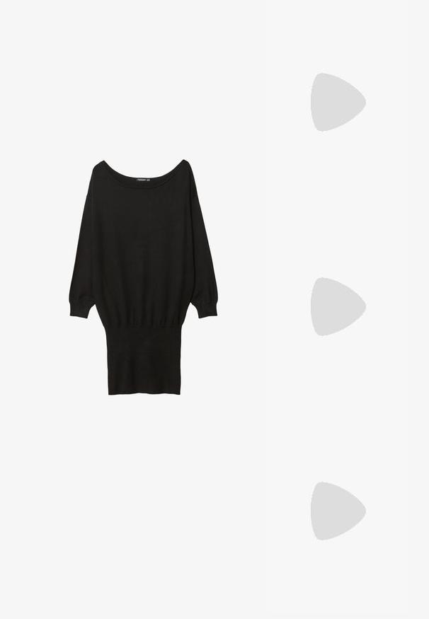 Črn oversize pulover z širokim čolničastim izrezom, dolgimi rokavi, rebrastimi manšeti in prilegajočim dnom, izdelan iz mehkega, teksturiranega materiala.; Bershka Sandali z visoko peto - black; Očala iz morskega želvovca z zaobljeno obliko in svetlimi lečami. Imajo trde ročke z majhnimi zlatimi detajli, narejena so iz plastičnega materiala.; Črna lakasta usnjena torbica s ukrivljeno obliko, enim ramenskim trakom, sprednjimi žepi in srebrnimi kovinskimi dodatki.