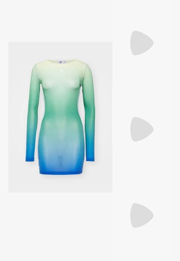 adidas Originals MINI DRESS - Trikotāžas kleita - multicolor/almost yellow; Melna zamšāda platforma ar biezu bloku papēdi, noapaļotu purngalu un potītes siksniņu, kas nostiprināta ar metāla sprādzi. Gluda virsma visā apjomā.; Zelta krāsas auskari gredzena formā, plāni un apaļi, ar gludu metāla apdari un bez rotājumiem vai zīmējumiem.; Melnas ādas maku ar pārklājošu flapu, zelta detaļām, ar logotipa akcentu. Ietver noņemamu siksniņu pārvadāšanai.