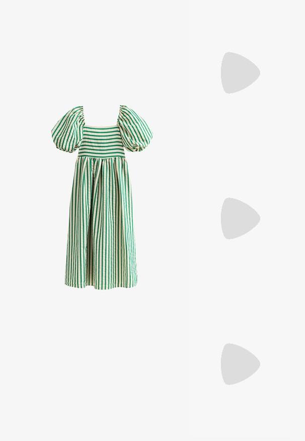 Grün und creme gestreiftes Kleid mit Puffärmeln, quadratischem Ausschnitt und voluminösem, gerafftem Rock. Aus leichtem Material gefertigt.; Schwarze Lackleder-Mary-Jane-Schuhe verfügen über eine abgerundete Zehenpartie, zwei verstellbare Schnallenriemen und einen niedrigen Blockabsatz. Glatte Textur, minimalistisches Design.; Goldfarbene ovale Sonnenbrillen mit dunklen Gläsern, die ein elegantes Design, dünne Bügel und einen schwarzen Akzent am Schläfenbereich aufweisen. Modellnummer L37.; Goldfarbene rechteckige Armbanduhr mit minimalistischem Design, ausgestattet mit einem cremfarbenen Zifferblatt, goldenen Zeigern und einem Gliederarmband aus Metall. Die Markierungen umfassen den Markennamen.