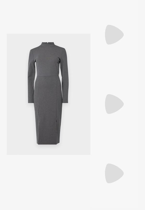 Pilkas, ilgomis rankovėmis, aukštu kaklu suknelė, turinti prigludusį liemenį ir pradūrimą hemline, puošta subtiliu dryžuotu raštu.; Rudos odinės kaubojaus batai su smailiu priekiu ir blokuotu kulnu, pasižymintys detaliu siuvinėjimu ir iškiliais akcentais ant ašies.; Sidabrinė metalinė maišelio forma su švelnia, apvalia forma ir mazgu užveriamu viršumi. Pagaminta iš lygios dirbtinės odos medžiagos.; Sidabriniai auskarai žiedai su sukto dizaino, turintys poliruotą apdailą ir fiksavimo smeigtuką. Skersmuo maždaug 3 cm.