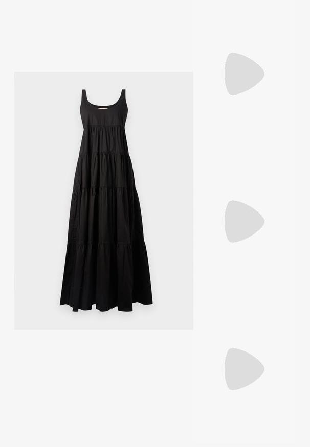 Musta maksimekko, jossa on pyöristetty pääntie ja kerroksellinen muotoilu. Valmistettu sileästä kankaasta, jossa on rypytetty sauma ja virtaava siluetti.; Musta patent slingback-kiilakorko teräväkärkisellä muotoilulla, jossa on teksturoitu käärmeennahkakuosi, säädettävä remmi ja lyhyt, teksturoitu blokkiheel.; Musta nahkainen olkalaukku, jossa on kaksi etutaskua, kultaiset soljet, vetoketjukiinnitys ja kapea hihna. Teksturoidun pinnan ja kompaktin suorakaiteen muoto.; Korvakorut kultasävytteistä metallista, joissa on kaareva, pitkänomainen muoto. Ominaisuuksiin kuuluu sileä, kiiltävä pinta ja pyöreä kärki lisäyksinä.