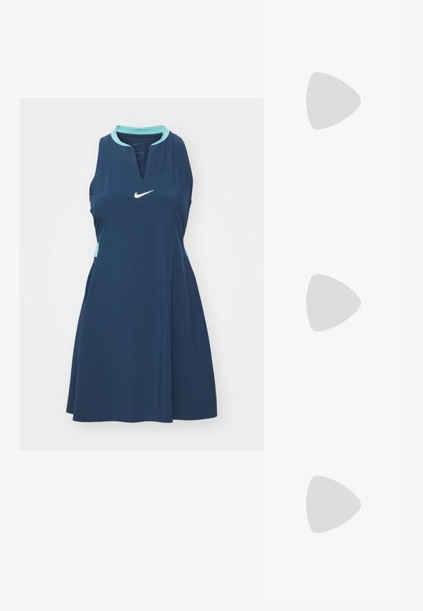 Nike Performance DRESS - Rochie sport - armory navy; Sandal cu barete negre, cu vârf pătrat și toc mic de bloc. Prezintă mai multe barete subțiri și o bareta ajustabilă la gleznă. Fabricat din piele netedă.; Geantă galbenă din faux-crocodil cu un design structurat, mână superioară, curea detașabilă cu lanț și embellisment decorativ cu cristale pe închidere.; Cercei din metal de culoare aurie cu un design elegant și curbat. Prezintă o formă distinctivă, ascuțită, o suprafață lustruită și un sistem de închidere cu balama.