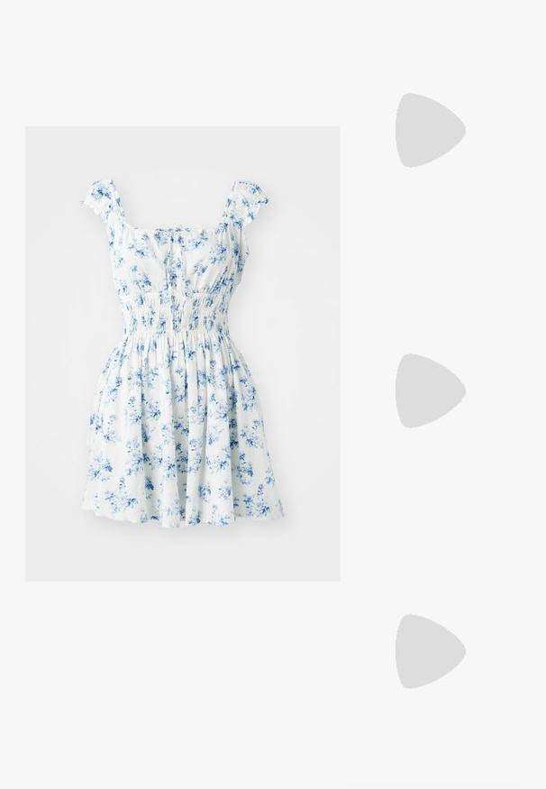 Floral dress with short ruffled sleeves, white fabric patterned with blue flowers, smocked waist, and flared skirt.; White high-top boots with a smooth upper and fabric panels, featuring a lace-up front and a textured beige sole.; Black sunglasses with a sleek, angular design, dark gray lenses, and a glossy finish on the frame. No visible patterns or accents.; Red textured leather shoulder bag with a long strap and gold hardware, featuring a curved flap closure and a structured silhouette.