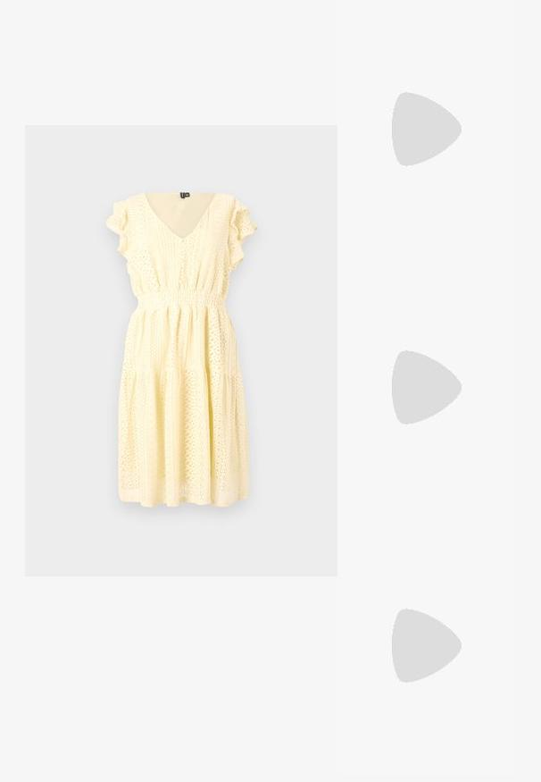 Short-sleeved yellow dress with a v-neck, textured floral patterns, smocked waist, and tiered skirt. Lightweight fabric with a flowing drape.; Gold, metallic slingback heels with a pointed toe and chunky heel. Smooth texture, minimalistic design, and a narrow strap.; Gold metallic handbag with a structured design, smooth texture, and adjustable strap. Features a unique triangular shape and minimalist stitching.; Gold-tone earrings featuring textured, wavy shapes. Includes sculptural clip-on studs and open hoop design with a hammered finish.