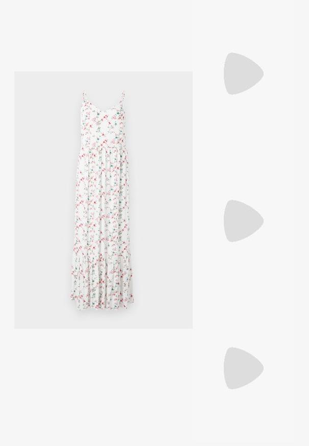 Blommig maxiklänning med tunna axelremmar, vit tyg med rosa och blå blommor samt en flerlagers volangneddel. Lättviktigt bomullsmaterial.; Silver slingback högklackad sko med spetsig tå, metallisk finish, två dekorativa remmar och en smal klack med svart spets.; Krämfärgade solglasögon med oval linser, svart toning och metalliska logotypdetaljer vid bågarna. Slät yta, kattöga-design.; Ett set med 16 silverarmband med olika texturer, inklusive släta, snodda och pärlformade mönster, arrangerade i fyra rader mot en vit bakgrund.