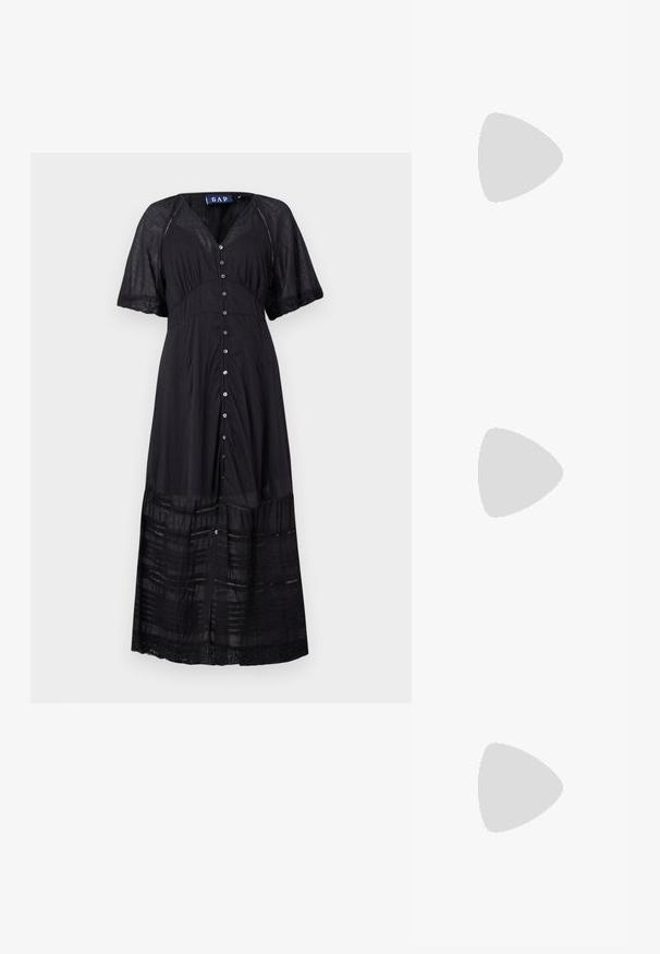 Robe maxi noire à manches courtes, à boutons sur le devant et aux tiers texturés. Fabriquée en tissu léger avec des accents en dentelle au niveau de l'ourlet.; Zign Bottes - black; Lunettes de soleil ovales noires avec des verres sombres et une monture en plastique brillant. Présente un logo doré sur la branche, offrant un design épuré et moderne.; Sac à épaule en cuir noir avec une texture lisse, doté d'une fine bandoulière longue et d'un discret détail cousu au centre.