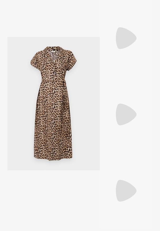 Rochie maxi cu imprimeu leopard, cu guler, mâneci scurte și talie cu curea. Materialul are o textură netedă și moale.; Pantofi cu toc slingback metalici aurii, cu vârf ascuțit și toc chunky. Textură netedă, design minimalist și o curea subțire.; Geantă din piele neagră, cu o formă curbată, curea detașabilă și accesorii aurii. Geanta are un capac cu un detaliu tip cataramă.; Cercei din metal de culoare aurie cu un design elegant și curbat. Prezintă o formă distinctivă, ascuțită, o suprafață lustruită și un sistem de închidere cu balama.