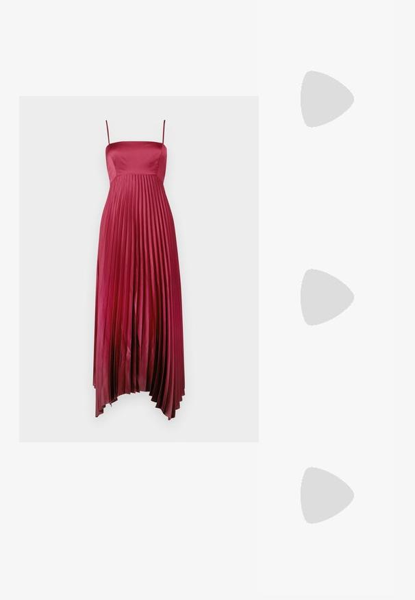 Vestido maxi plisado en satén burdeos oscuro con tirantes finos, que presenta un corsé ajustado y una falda fluida con una textura suave.; Zapatos de tacón slingback de charol negro con punta afilada y tacón geométrico en bloque. Presentan un diseño elegante y minimalista, así como una textura suave.; Bolso de piel negra con forma curva, correa desmontable y herrajes dorados. El bolso cuenta con una solapa con un detalle de hebilla.; Pendiente de metal en tono dorado con un diseño elegante y curvado. Presenta una forma puntiaguda distintiva, superficie pulida y cierre de bisagra.
