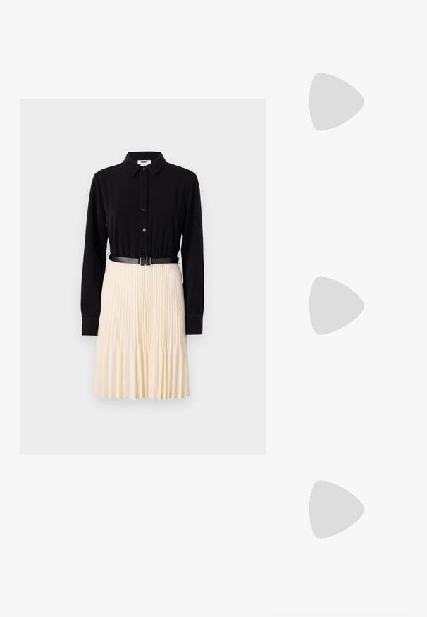 Haut noir à boutons avec des manches longues, associé à une jupe plissée crème. Présente une fine ceinture noire à la taille. Texture de tissu lisse.; Des sandales noires à talons hauts avec des fines lanières au design noué, un bout carré lisse et un talon aiguille élégant.; Sac à main en métal gris clair avec une bandoulière en chaîne, orné de petits clous métalliques ronds et d'un logo de marque triangulaire.; Boucles d'oreilles en argent avec une finition lisse et brillante. Forme arrondie, conception légère, avec un fermoir à tige.