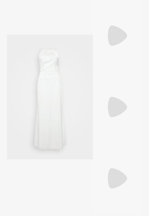 White sleeveless midi dress with a halter neck, smooth satin material, fitted bodice, and a flowing skirt. No visible patterns or accents.; Lilac heeled mules with a clear plastic upper and a transparent block heel. Smooth texture, open toe design, minimalistic shape.; Beaded handbag featuring vibrant colors: pink, orange, blue, and brown. Textured surface with circular beads and organic shapes, sturdy handles.; Silver dangle earrings with a thin, mesh-like chain design and straight rod accents, featuring butterfly clasps for secure fastening.