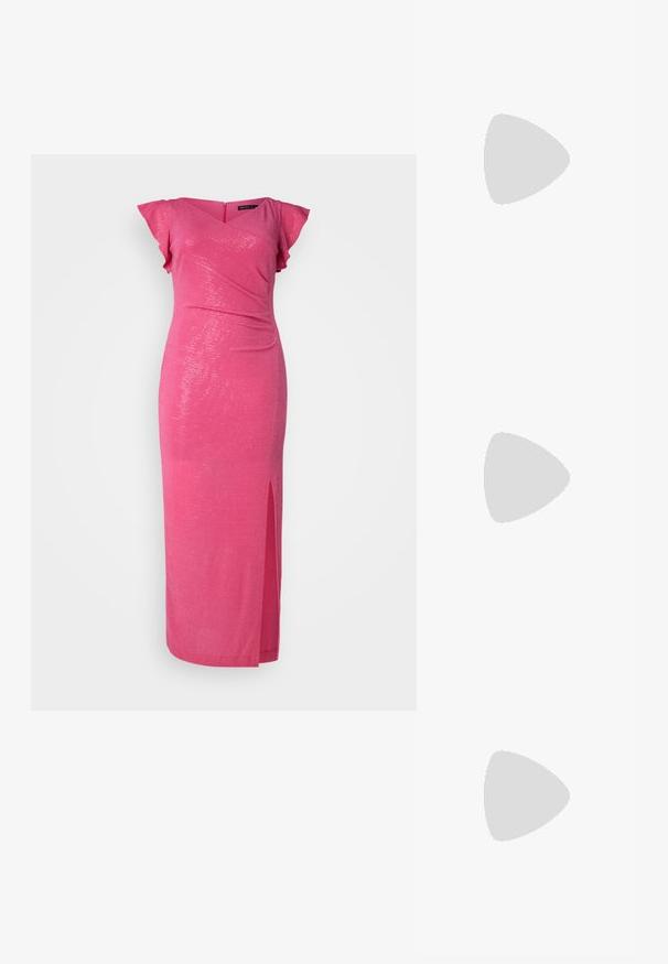 Roosa sädeluste kleit, millel on figureeriv siluett, lühikesed lendavad varrukad, V-kaelus ja külgauk. Sile tekstuur sädelevate detailidega.; Mustad nahast slingback kingad terava nina ja hõbedaste detailidega, madala plokkn红黑大战. Ühtlane, läikiv tekstuur kogu ulatuses.; Mustast nahast õlakott, mis omab siledat tekstuuri, ristküliku kuju ning esiküljel metallketi detaili. Reguleeritav rihm on kaasas.; Hõbedased ripatsid, millel on ruudukujuline studs, siledat ja poleeritud viimistlust ning pisarakuju, peegeldades valgust läikiva pinnaga.