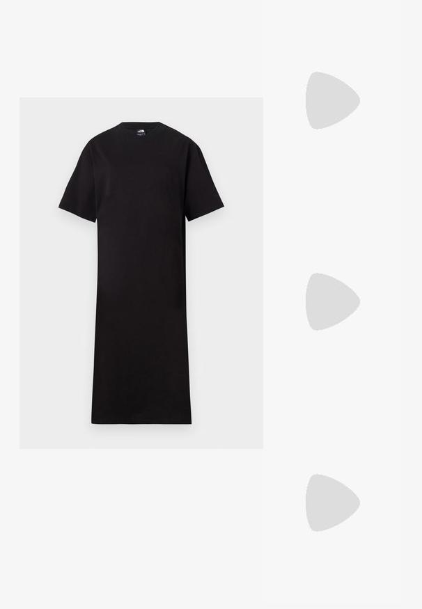 Μαύρο κοντομάνικο φόρεμα T-shirt; διαθέτει στρογγυλή λαιμόκοψη και ίσια εφαρμογή. Φτιαγμένο από μαλακό ύφασμα, με λεία υφή και ελάχιστες λεπτομέρειες.; Λευκό βαμβακερό μπλουζάκι με μεγάλο, φωτεινό κόκκινο γραφικό αστακού στο μπροστινό μέρος. Κοντά μανίκια και τυπικός σχεδιασμός λαιμού.; Λευκό ψηλό καμβαδάκι αθλητικό παπούτσι με μαύρη καουτσούκ σόλα, πρόσθιο καουτσούκ καλύμματος δακτύλου και έξι οπές για κορδόνια, με μια καθαρή και μίνιμαλ σχεδίαση.; Κόκκινη δερμάτινη τσάντα χειρός με γωνιακό, γεωμετρικό σχέδιο. Διαθέτει έναν ρυθμιζόμενο ιμάντα και κλείσιμο με καπάκι που έχει ραφές.